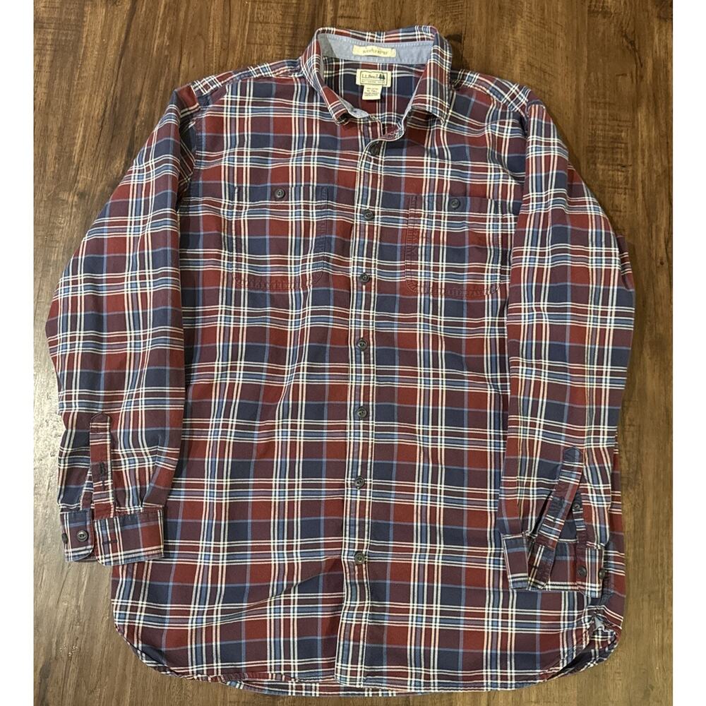 Vintage LL Bean Shirt Mens XL Tall Red Blue Plaid Flannel Cotton XLT